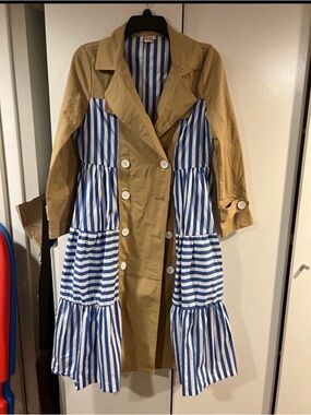 Tan and Blue Striped Trench Dress - Sz Medium